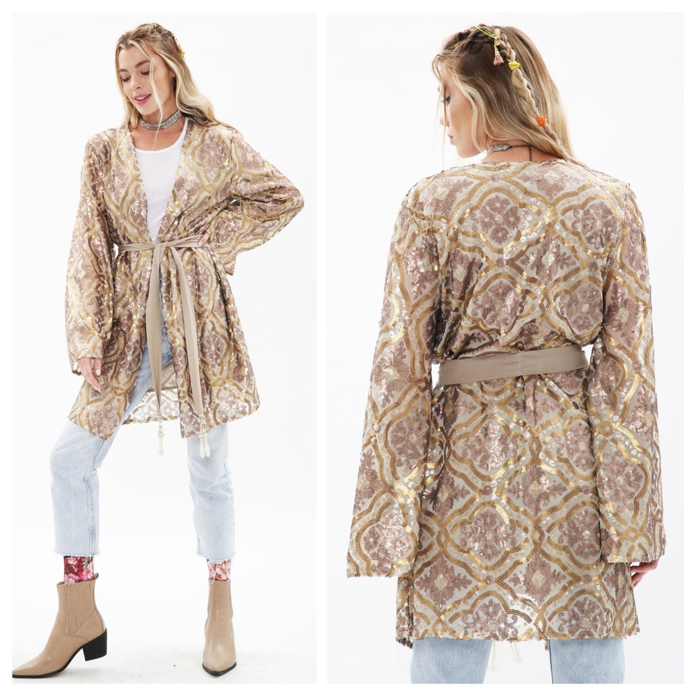 Sequin Patterned Kimono Dress - Taupe Gold
